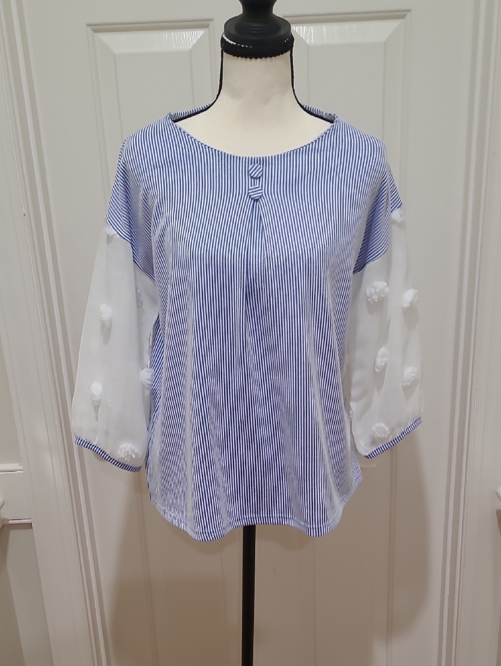 Trisha Tyler Blue & White Striped Pom-Sleeve Top,  Size M